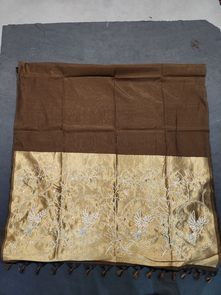 Soft Cotton Saree Embroidery with Zari Pallu-Coffee