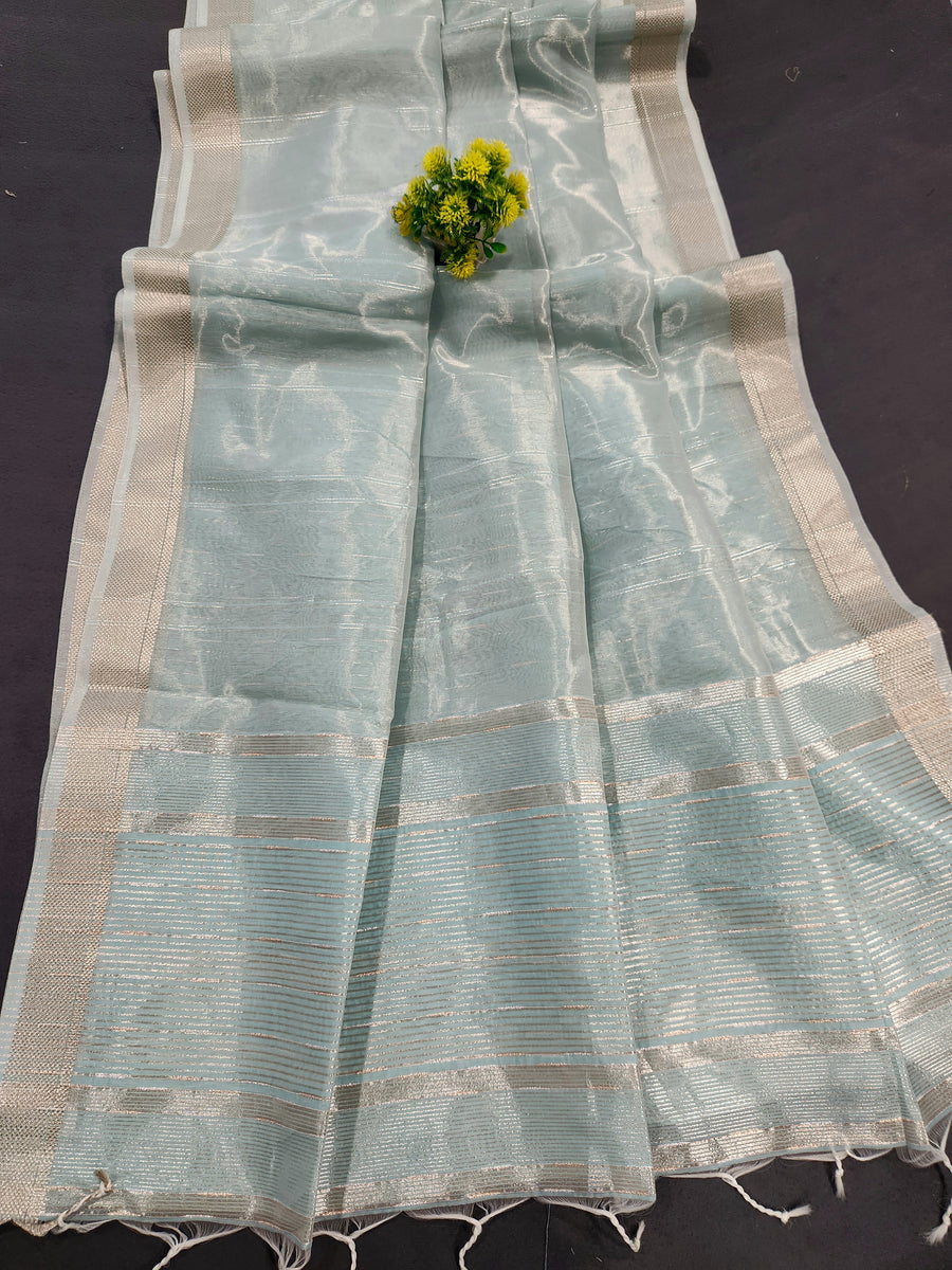 Maheshwari Silk Saree With Stripe Zari Pallu - Blue
