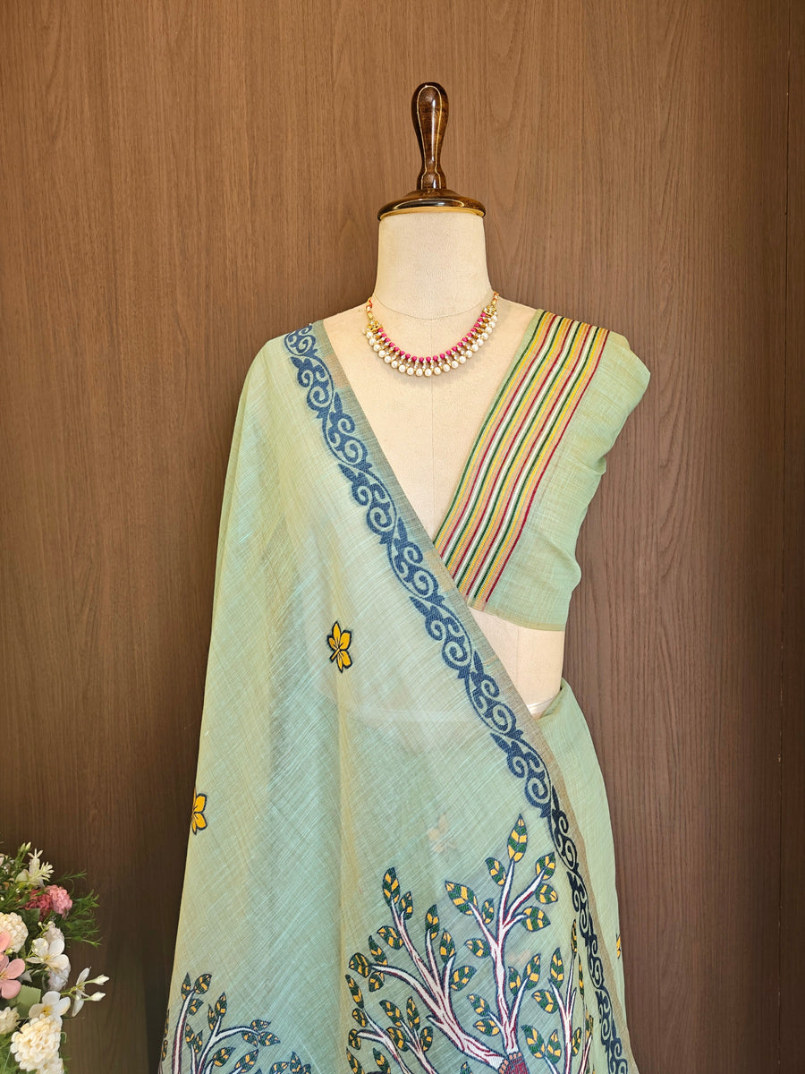 Designer Muga Cotton Saree with Warli Inspired Border-FIROZI