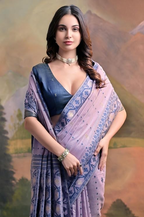 Muga Cotton Saree With Weaving Jamdani Pallu - Lavendar
