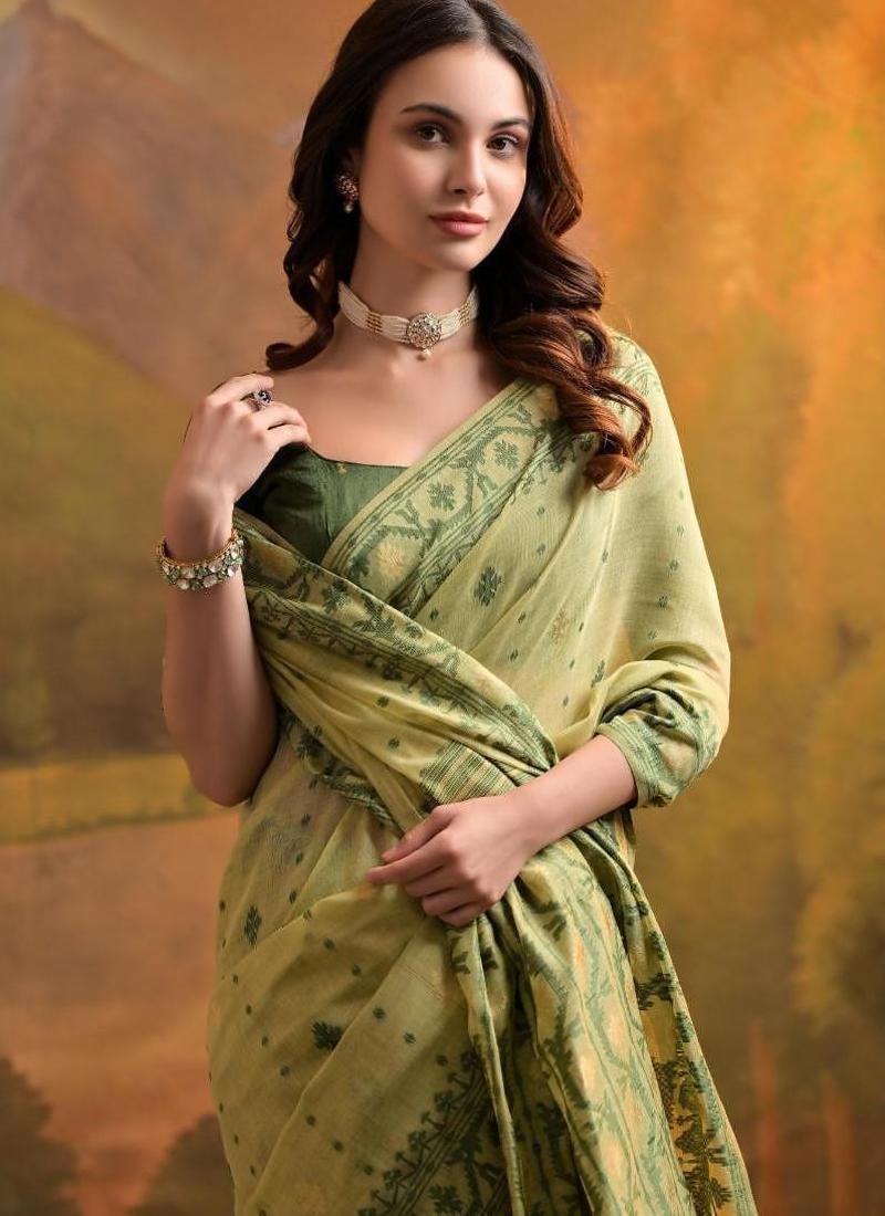 Muga Cotton Saree With Weaving Jamdani Pallu - Pista