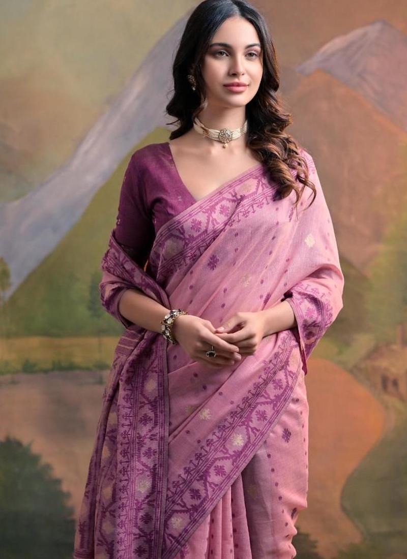 Muga Cotton Saree With Weaving Jamdani Pallu - PINK