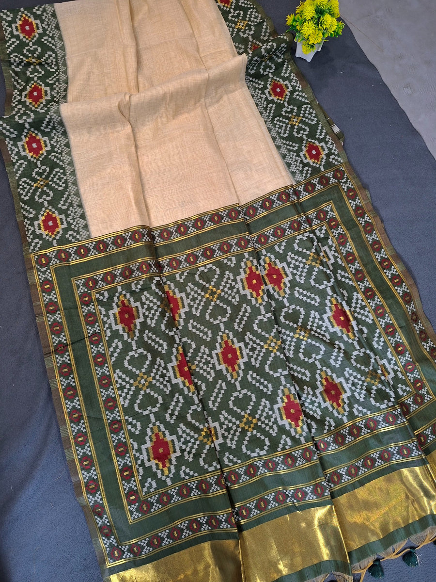 Ikkat Inspired Patola Soft Cotton Saree - Green