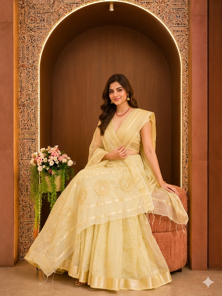 Soft Linen Silk saree with Gota Patti Work - Yellow