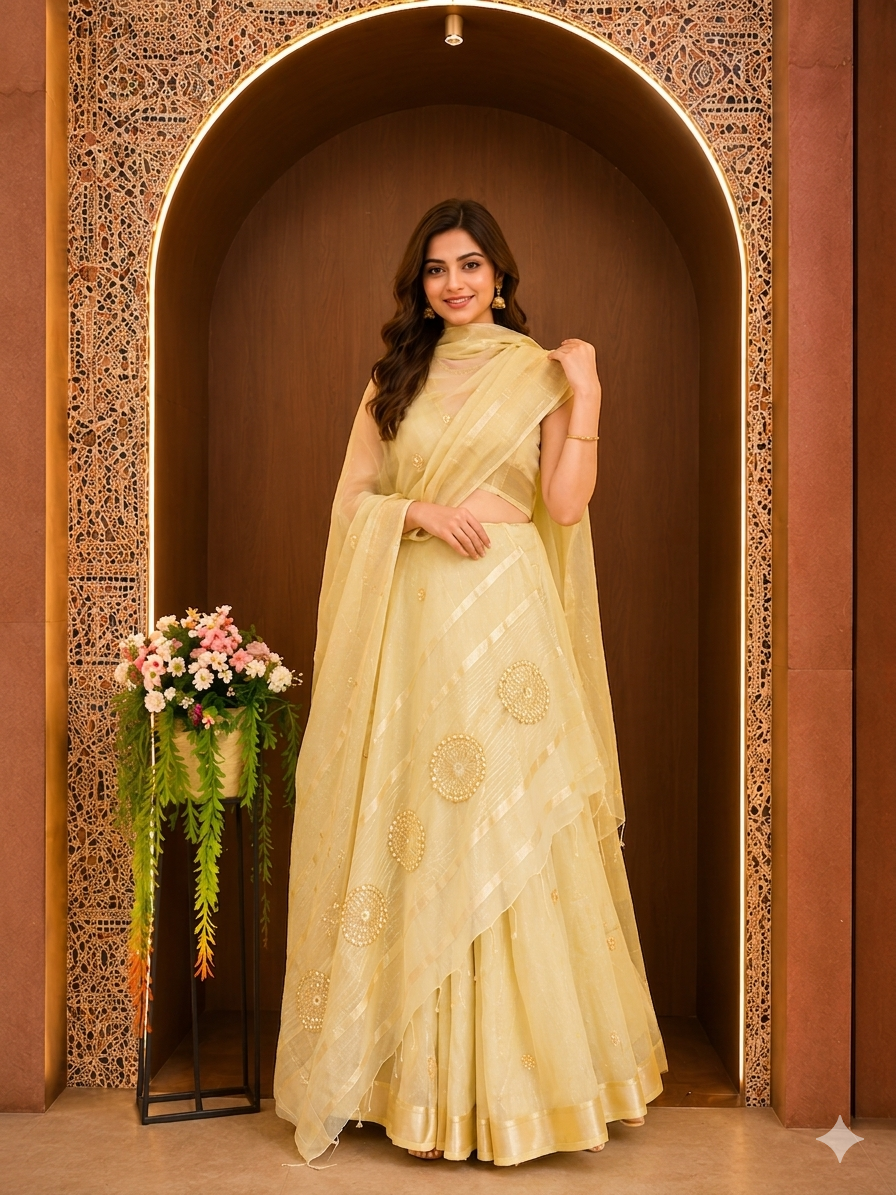 Soft Linen Silk saree with Gota Patti Work - Yellow