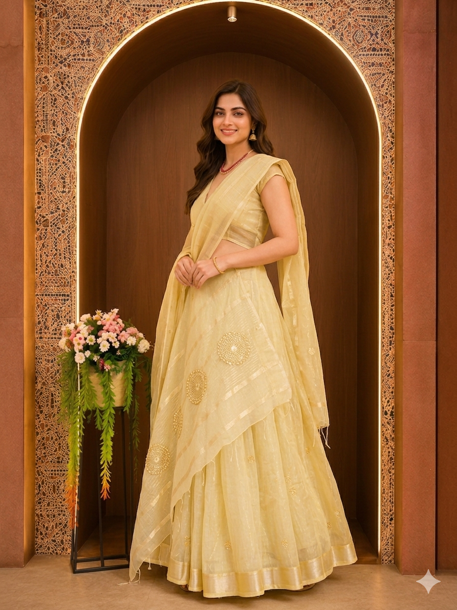 Soft Linen Silk saree with Gota Patti Work - Yellow