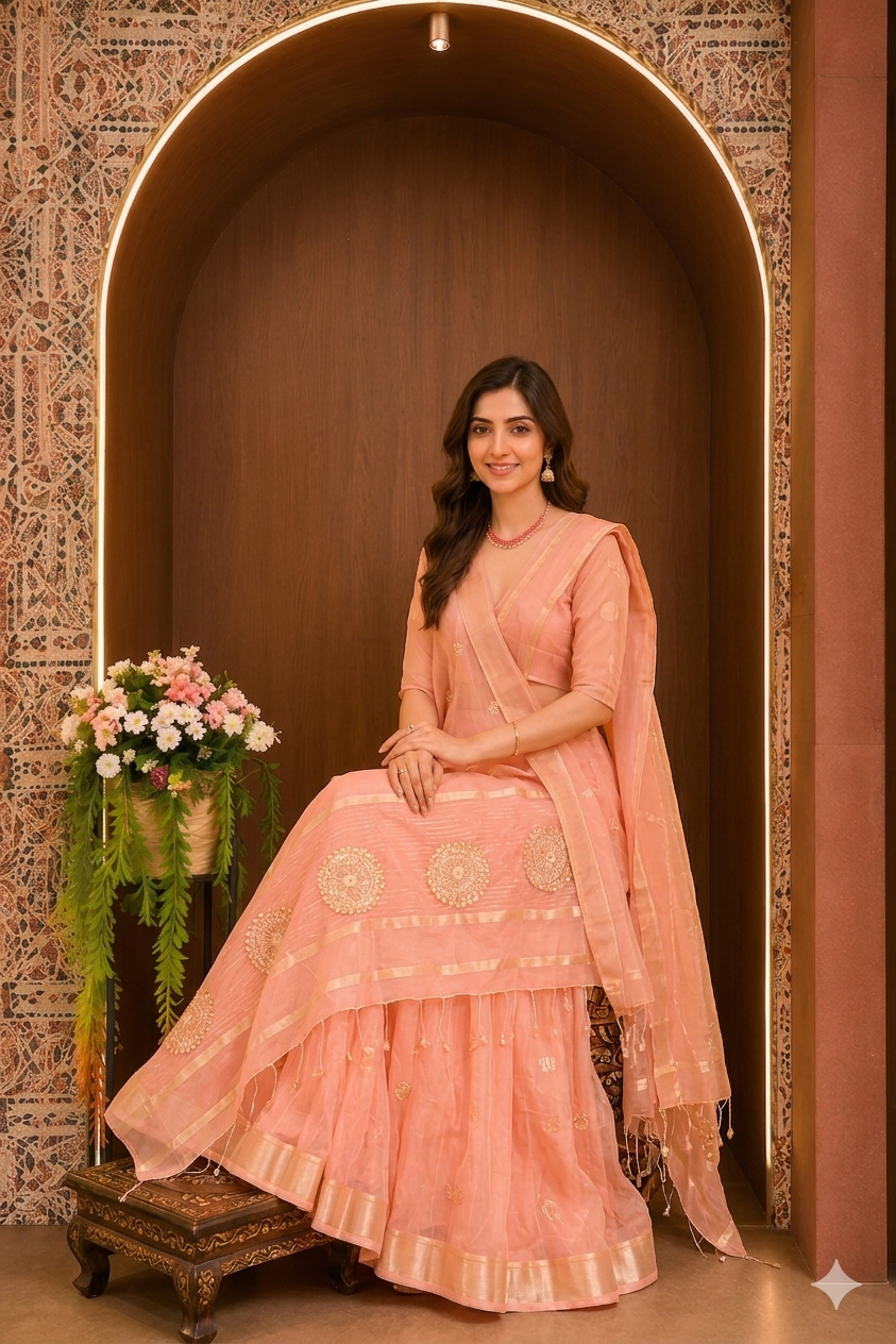 Soft Linen Silk saree with Gota Patti Work - Peach