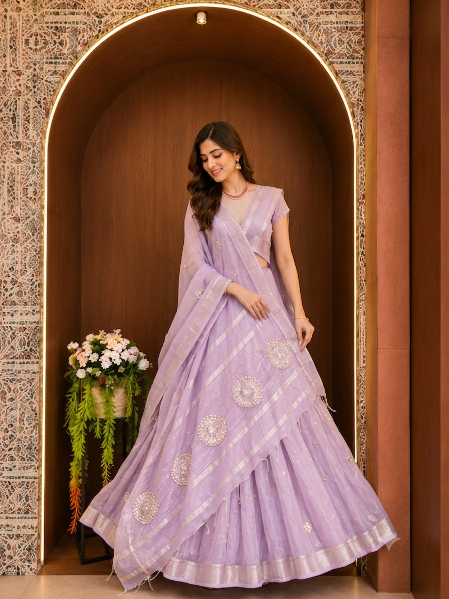 Soft Linen Silk saree with Gota Patti Work - Lavender