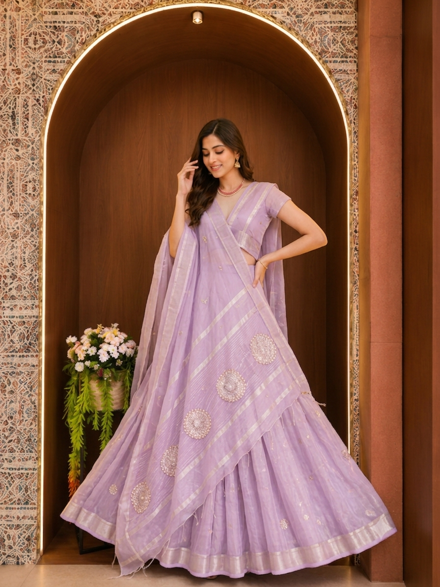Soft Linen Silk saree with Gota Patti Work - Lavender