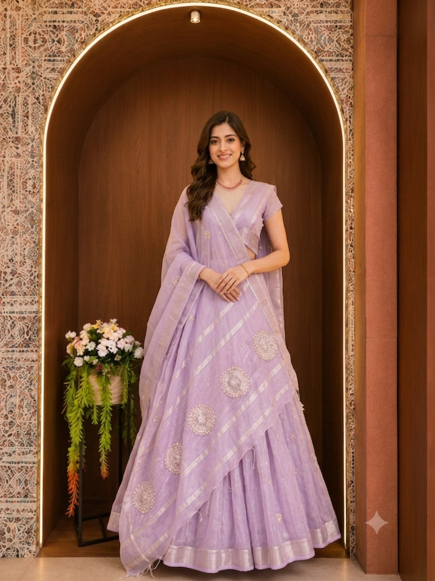 Soft Linen Silk saree with Gota Patti Work - Lavender