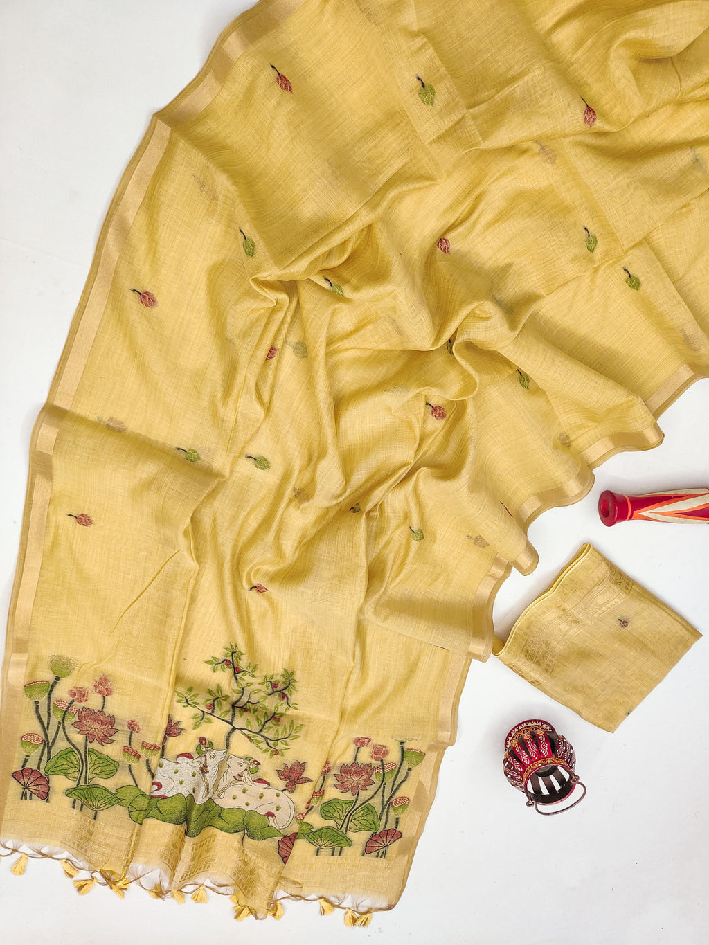 Premium Soft Muga Cotton Pitchwai Saree - Yellow