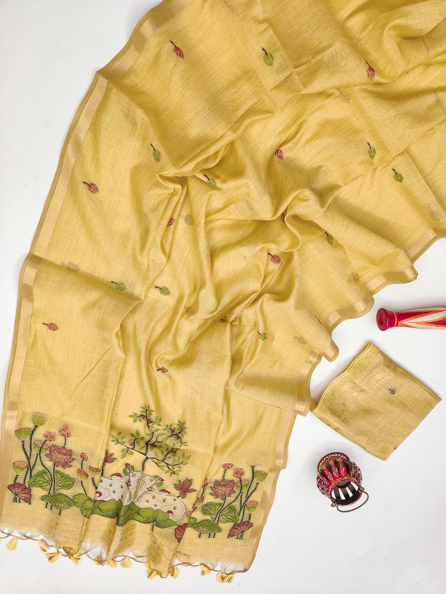 Premium Soft Muga Cotton Pitchwai Saree - Yellow