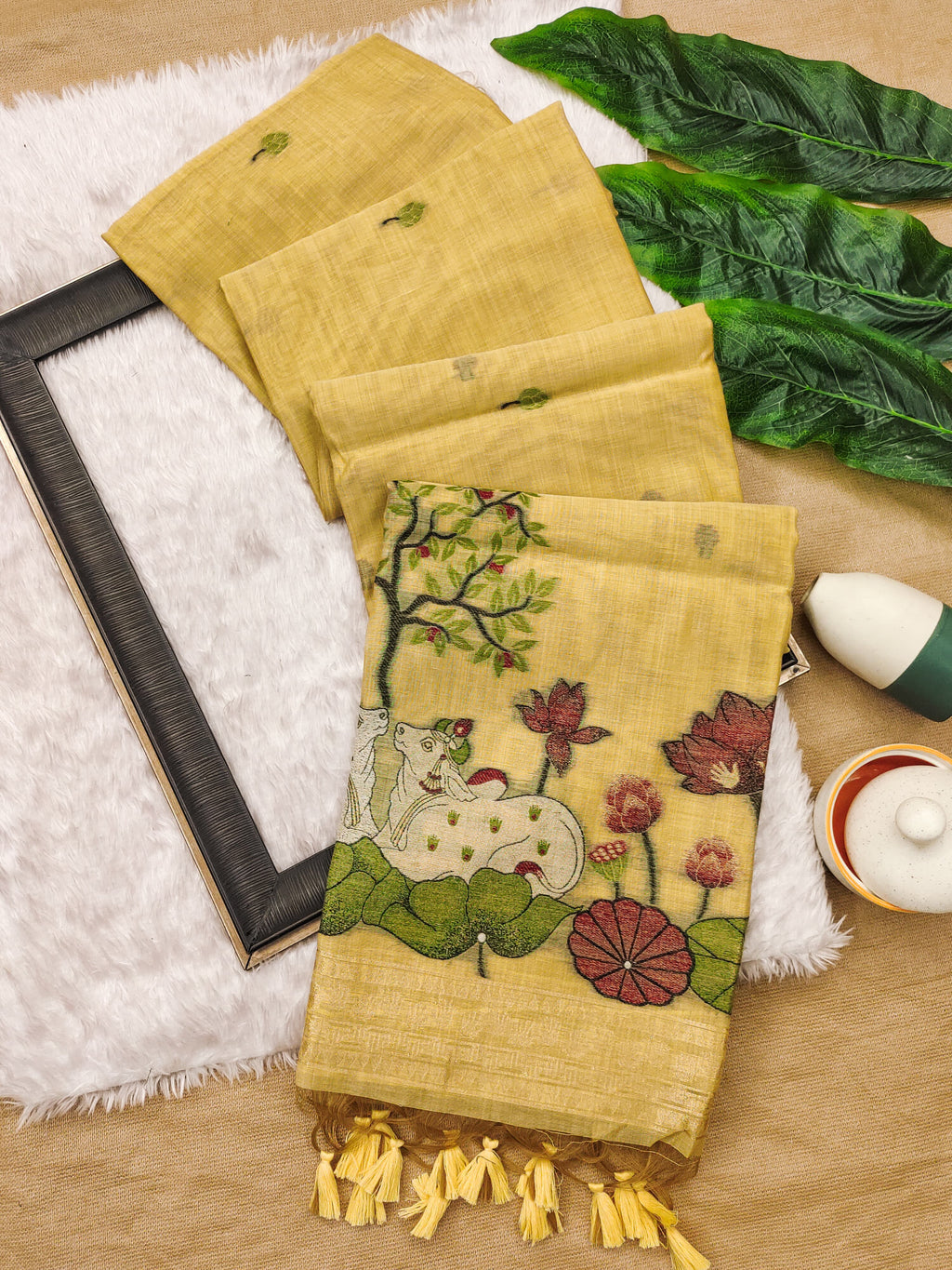 Premium Soft Muga Cotton Pitchwai Saree - Yellow