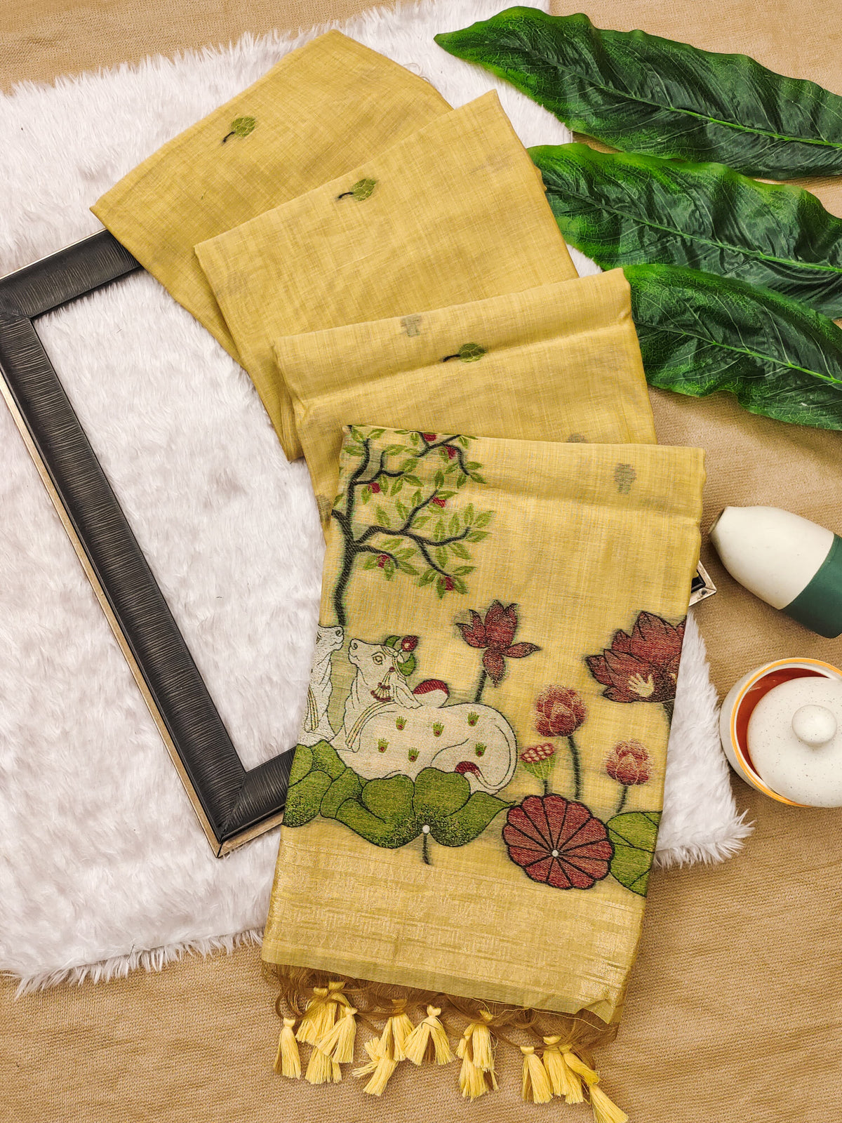 Premium Soft Muga Cotton Pitchwai Saree - Yellow