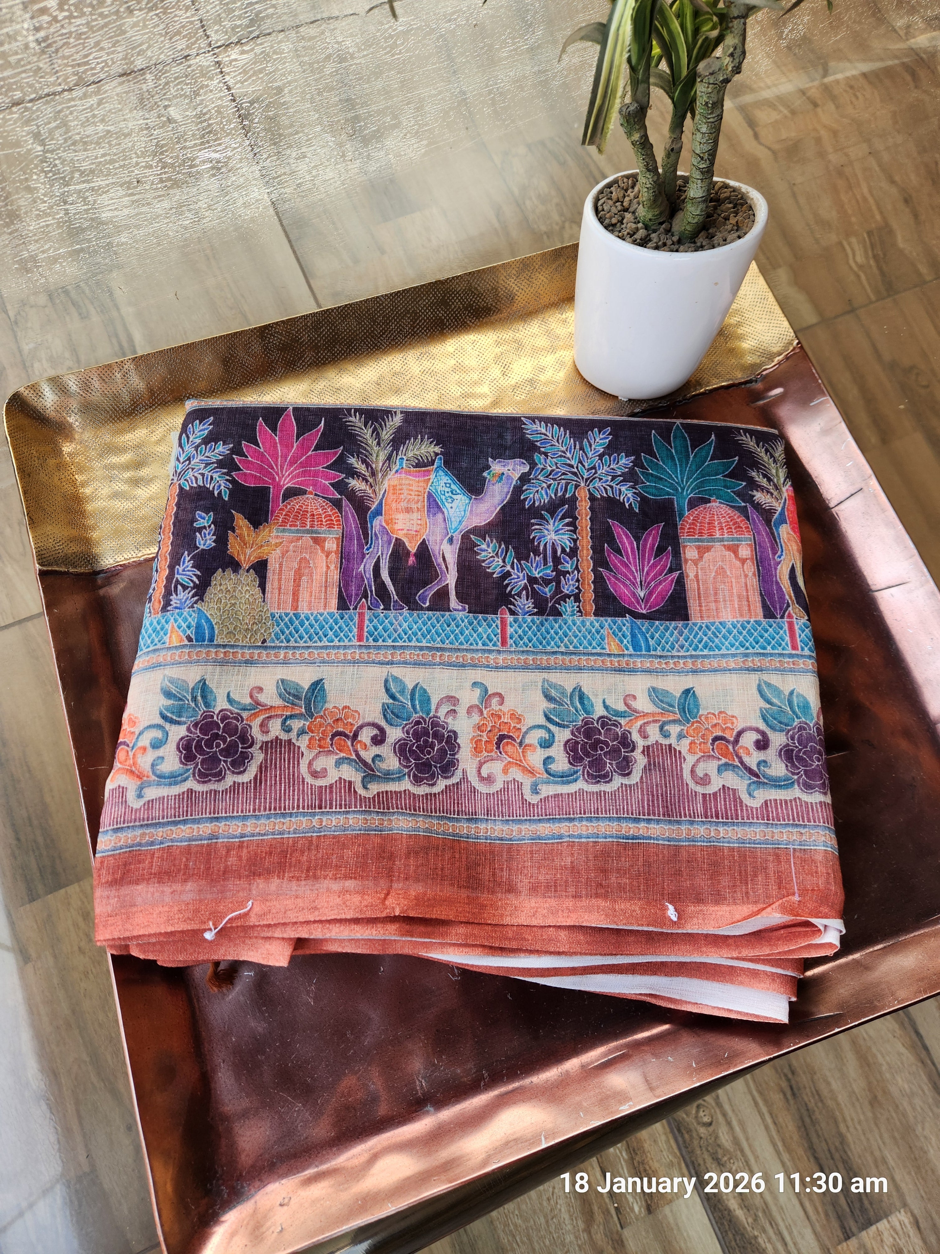 Pure linen Saree Floral Design - Pista Green