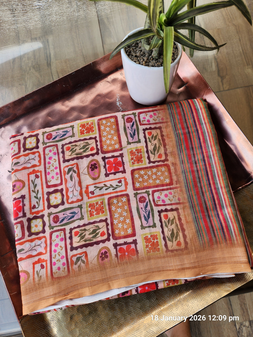 Traditional Geometric Print Saree in Earthy Rust Tones- Cinnamon Beige