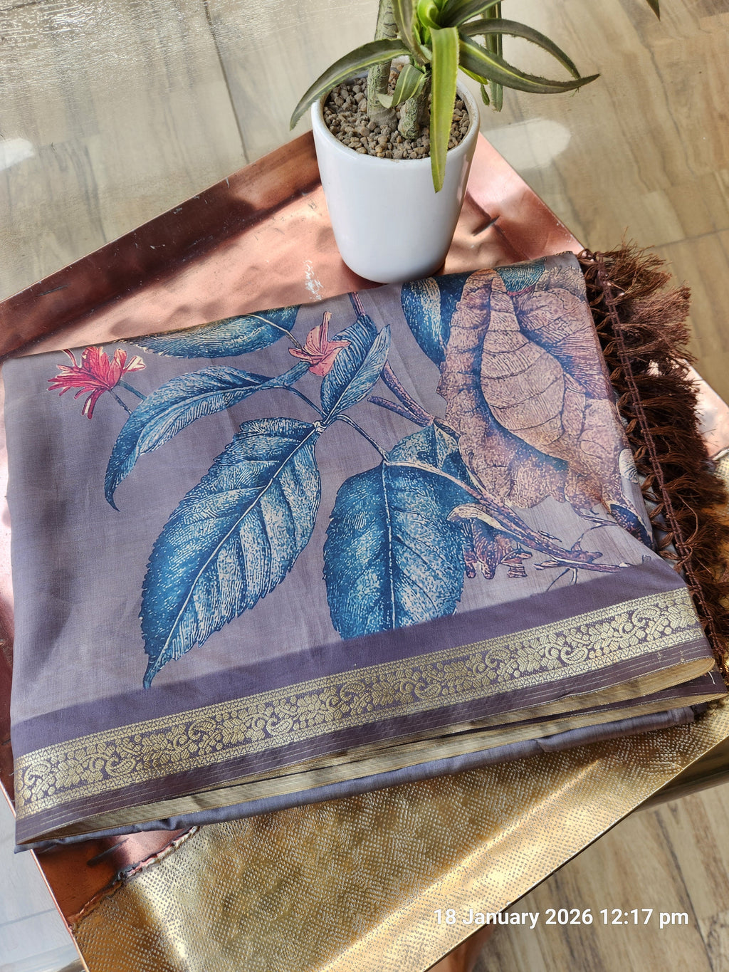 Floral Print Saree with Traditional Zari Border - Grey