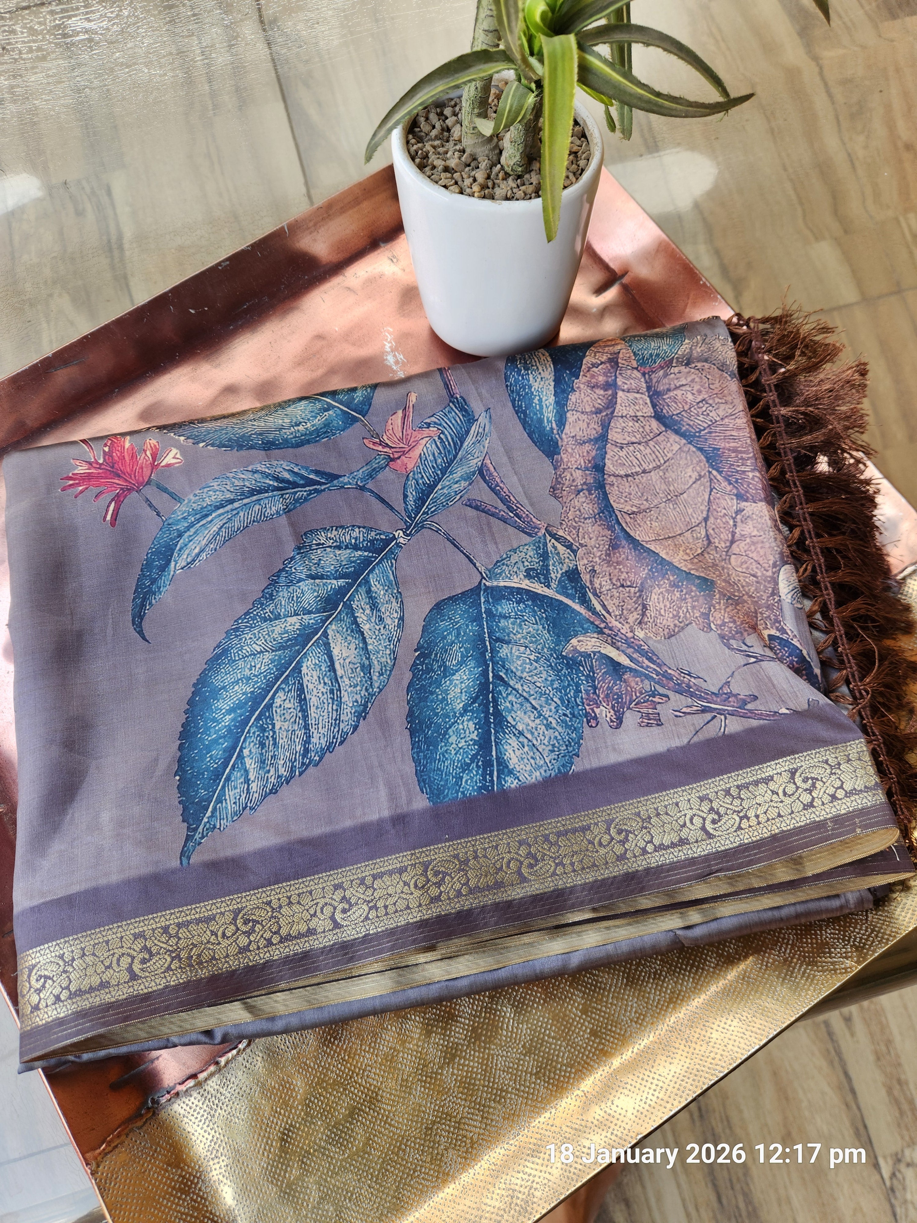 Floral Print Saree with Traditional Zari Border - Grey
