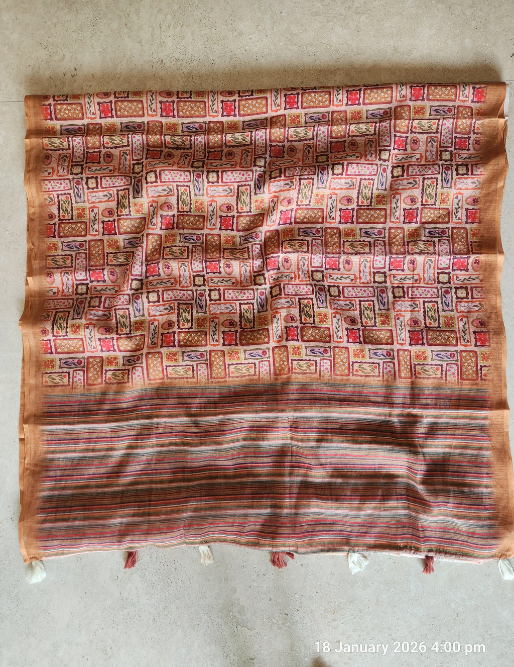 Traditional Geometric Print Saree in Earthy Rust Tones- Cinnamon Beige