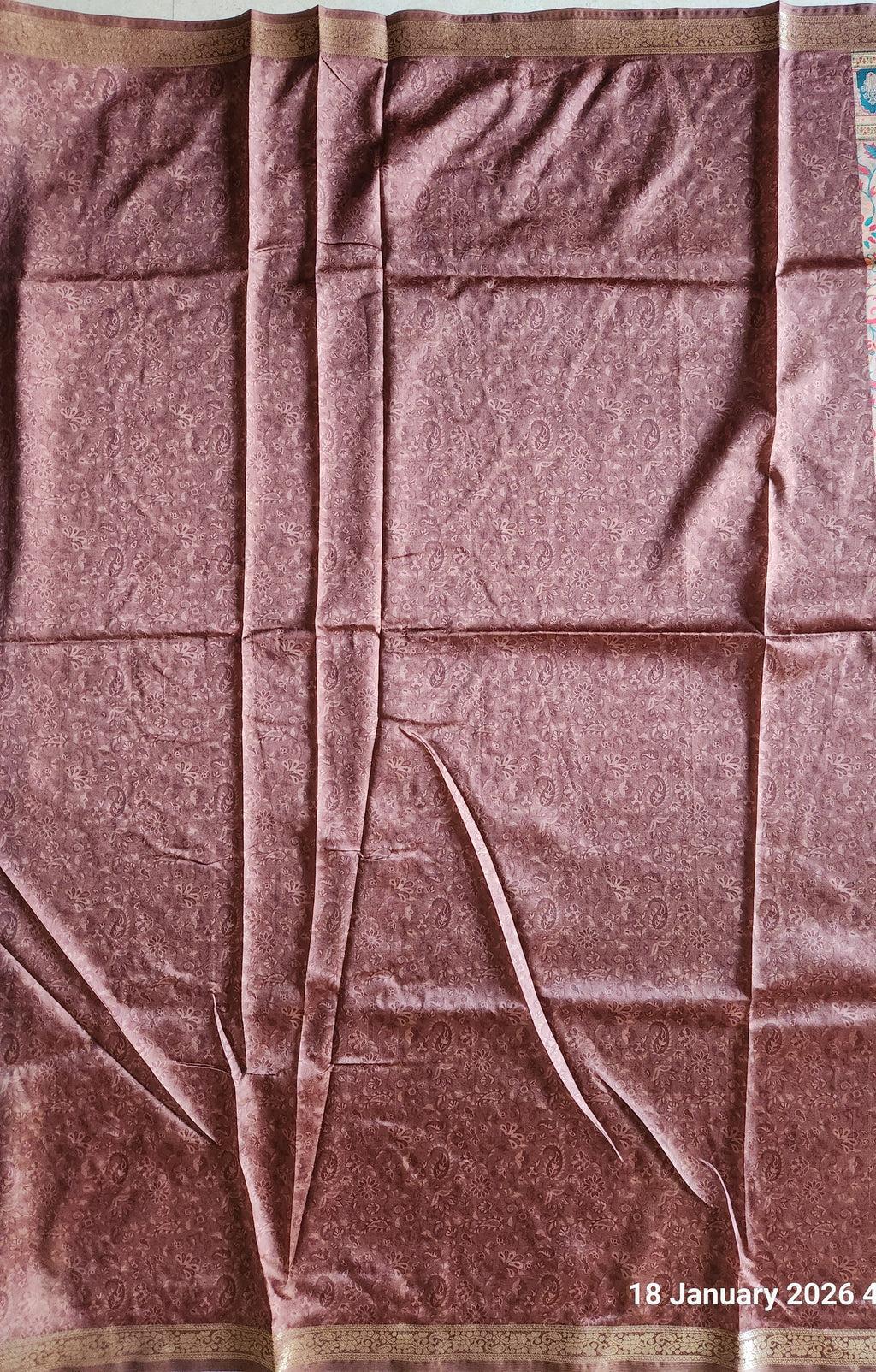 Handcrafted Floral Saree with Mughal-Inspired Border - Beige
