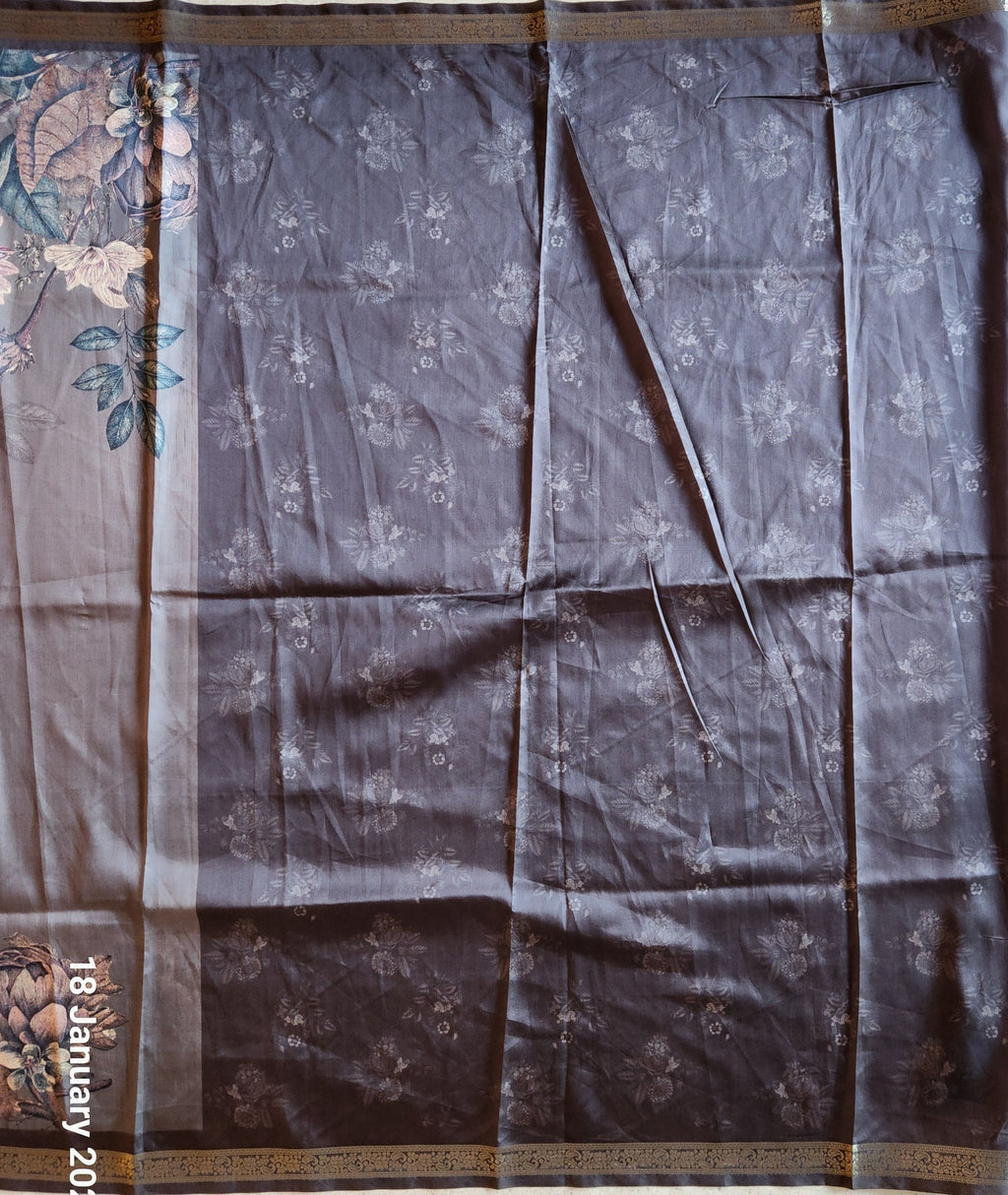 Floral Print Saree with Traditional Zari Border - Grey