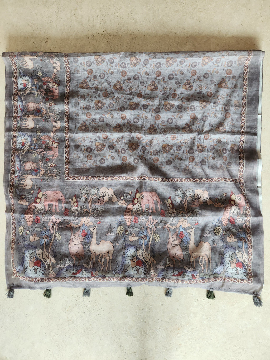 Pure linen Saree Forest Sceneary - Grey