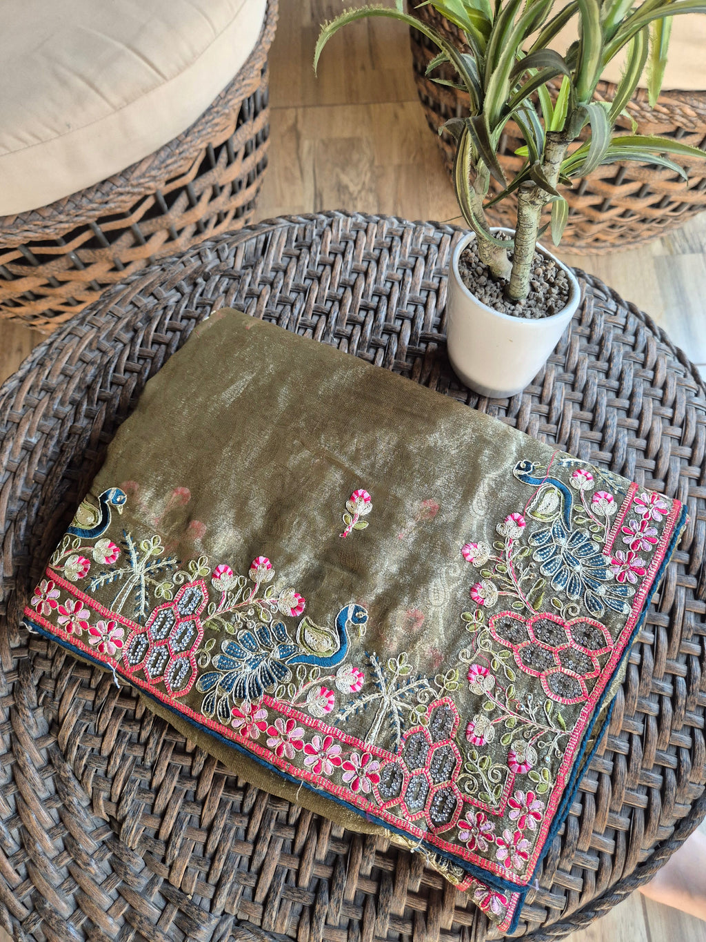 Peacock Garden: A Hand-Embroidered Heirloom Saree - Green