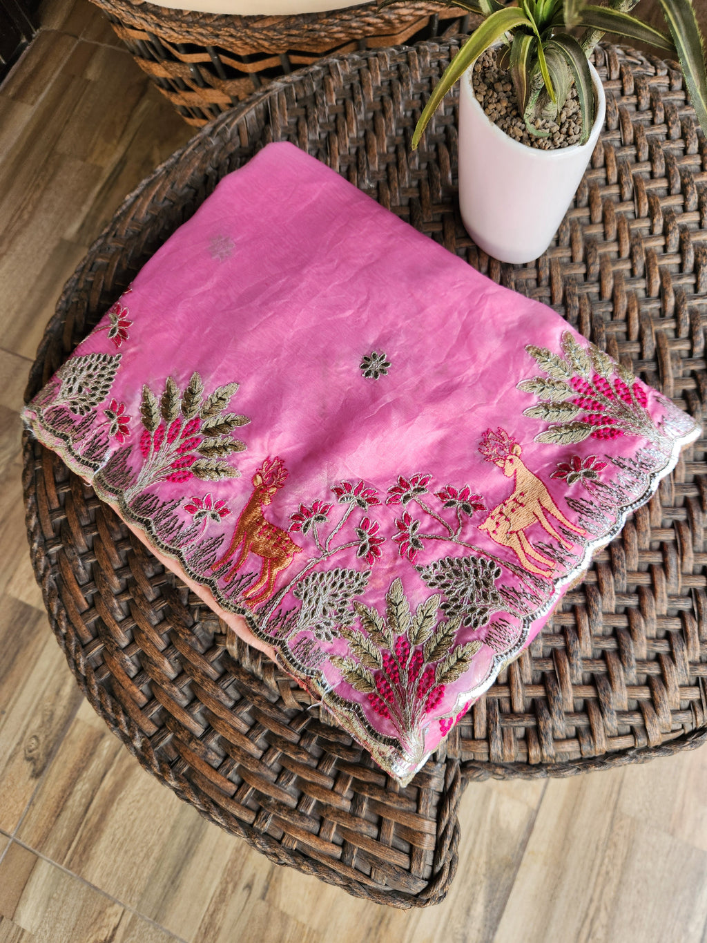 Designer Pink Peach Saree with Floral Border