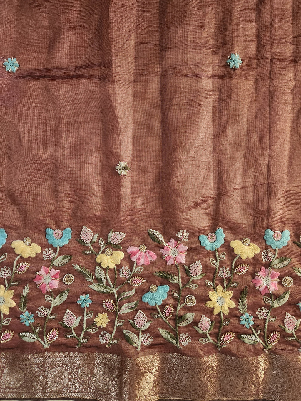 Floral Hand Embroidered Saree with Gold Finish  - Mocha Brown