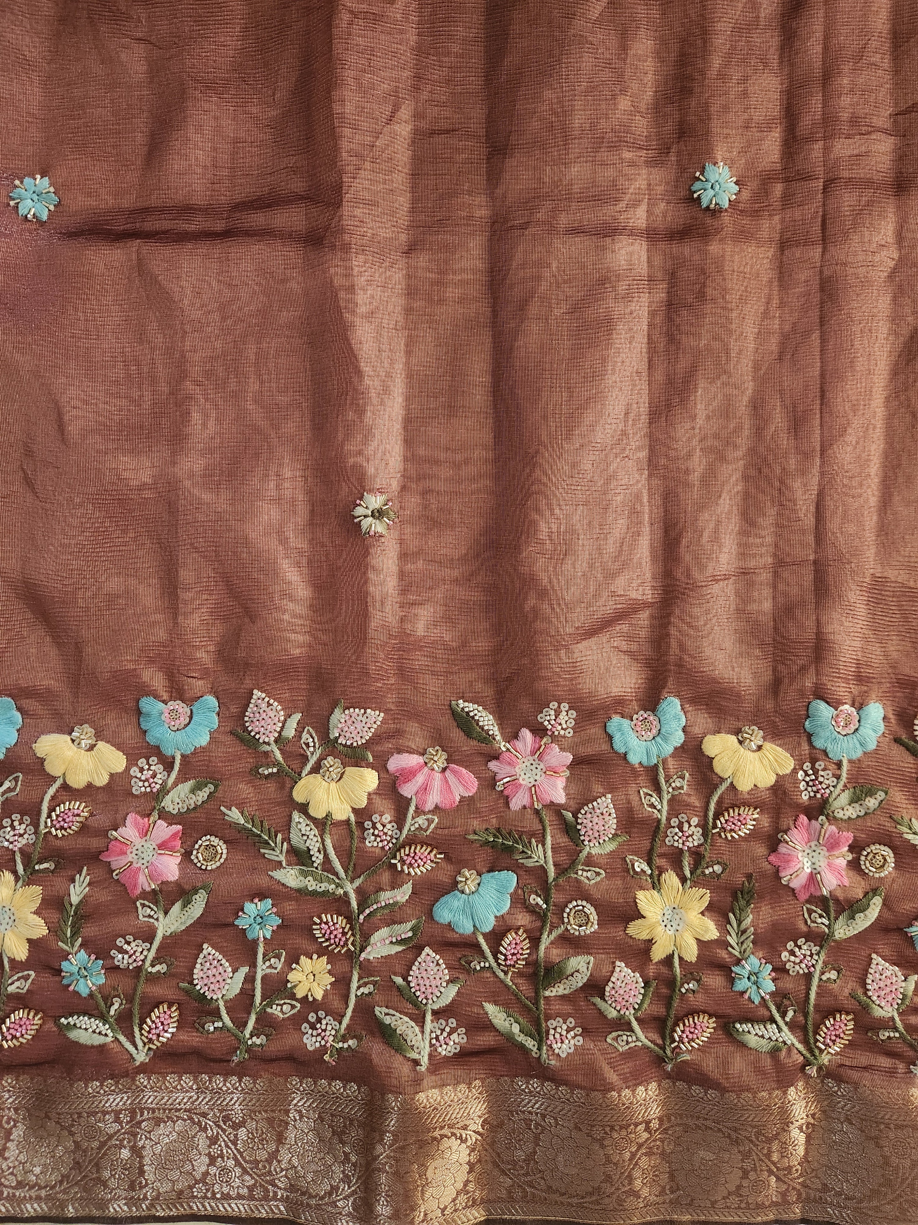 Floral Hand Embroidered Saree with Gold Finish  - Mocha Brown