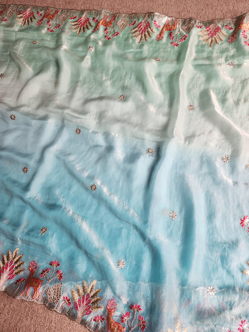 Designer Pista Sky Saree with Floral Border