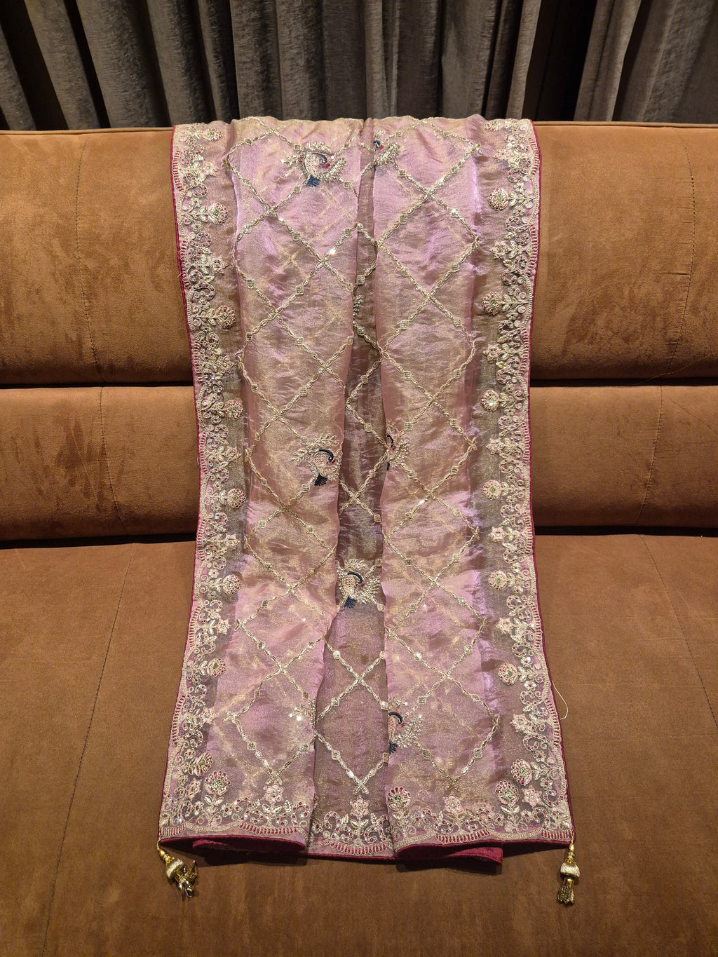 Blush Rose Hand Embroidered Saree with Peacock Motifs - Pink