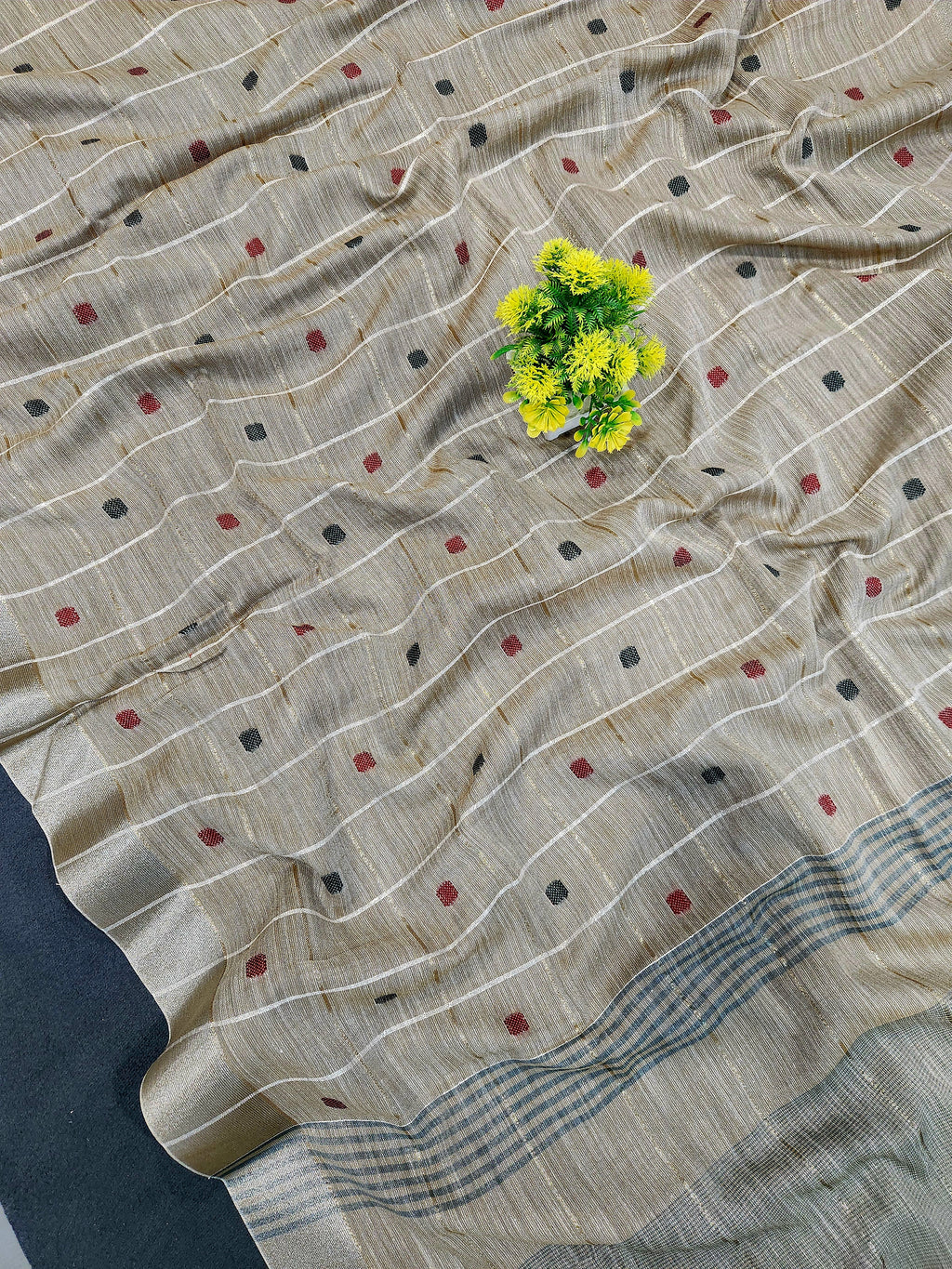 Soft Linen Cotton Saree With Classical Checks Pattern -Coffee