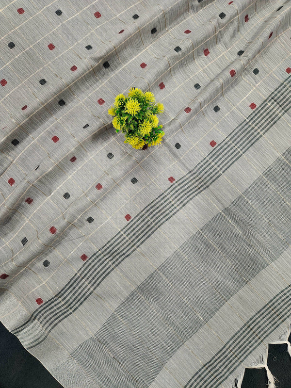 Soft Linen Cotton Saree With Classical Checks Pattern -Grey
