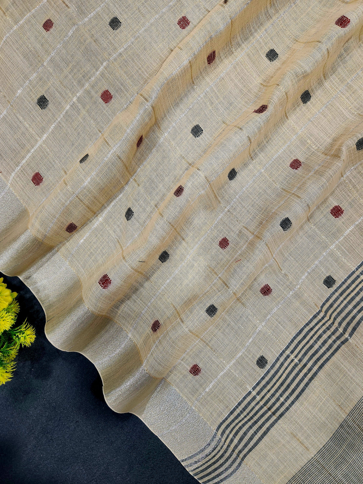 Soft Linen Cotton Saree With Classical Checks Pattern -Beige