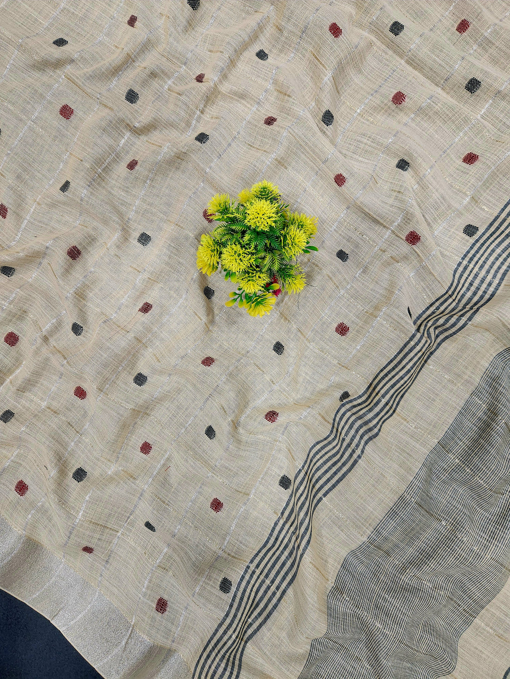 Soft Linen Cotton Saree With Classical Checks Pattern -Beige