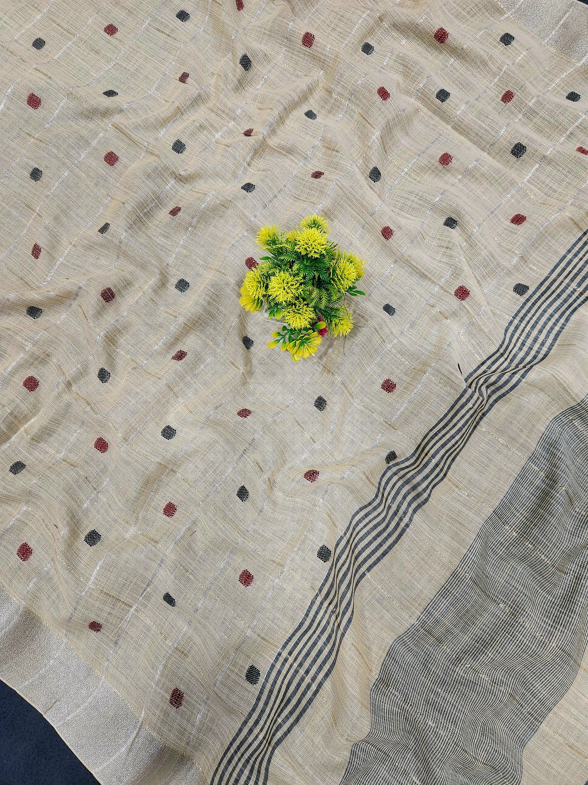 Soft Linen Cotton Saree With Classical Checks Pattern -Beige