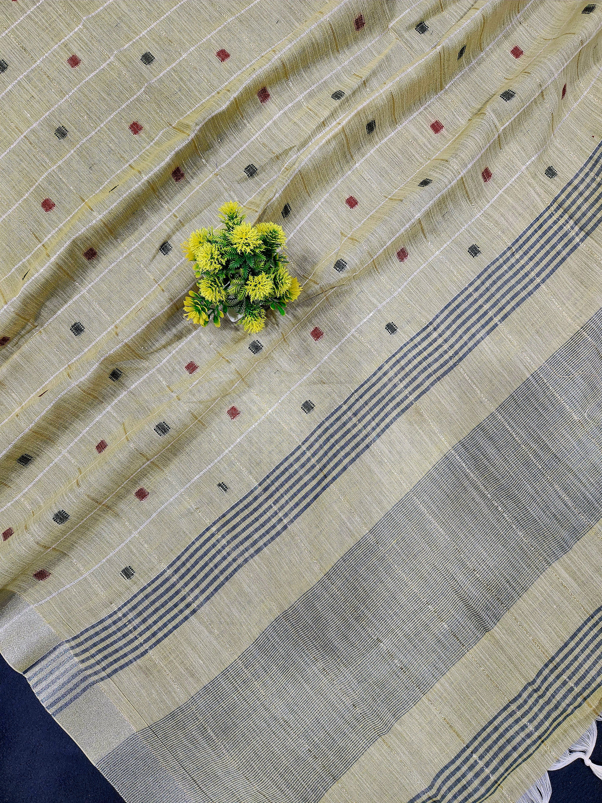 Soft Linen Cotton Saree With Classical Checks Pattern -lemon Yellow