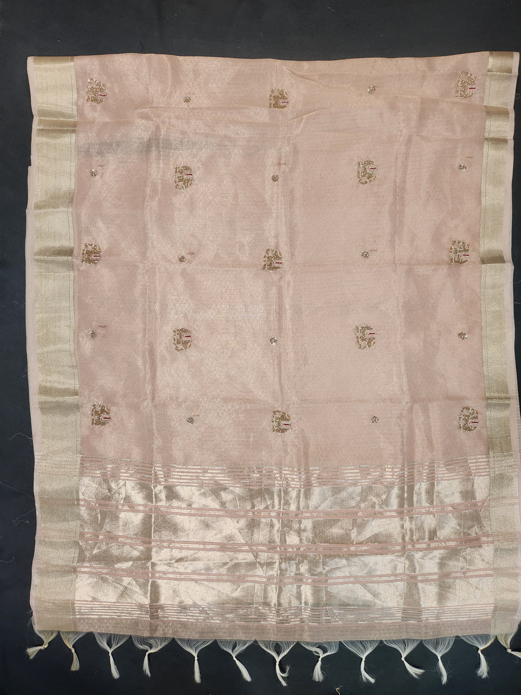 Maheshwari Silk Saree With Broad Stripe Zari Pallu - Peach