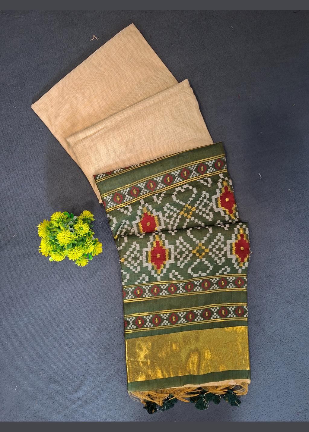 Ikkat Inspired Patola Soft Cotton Saree - Green