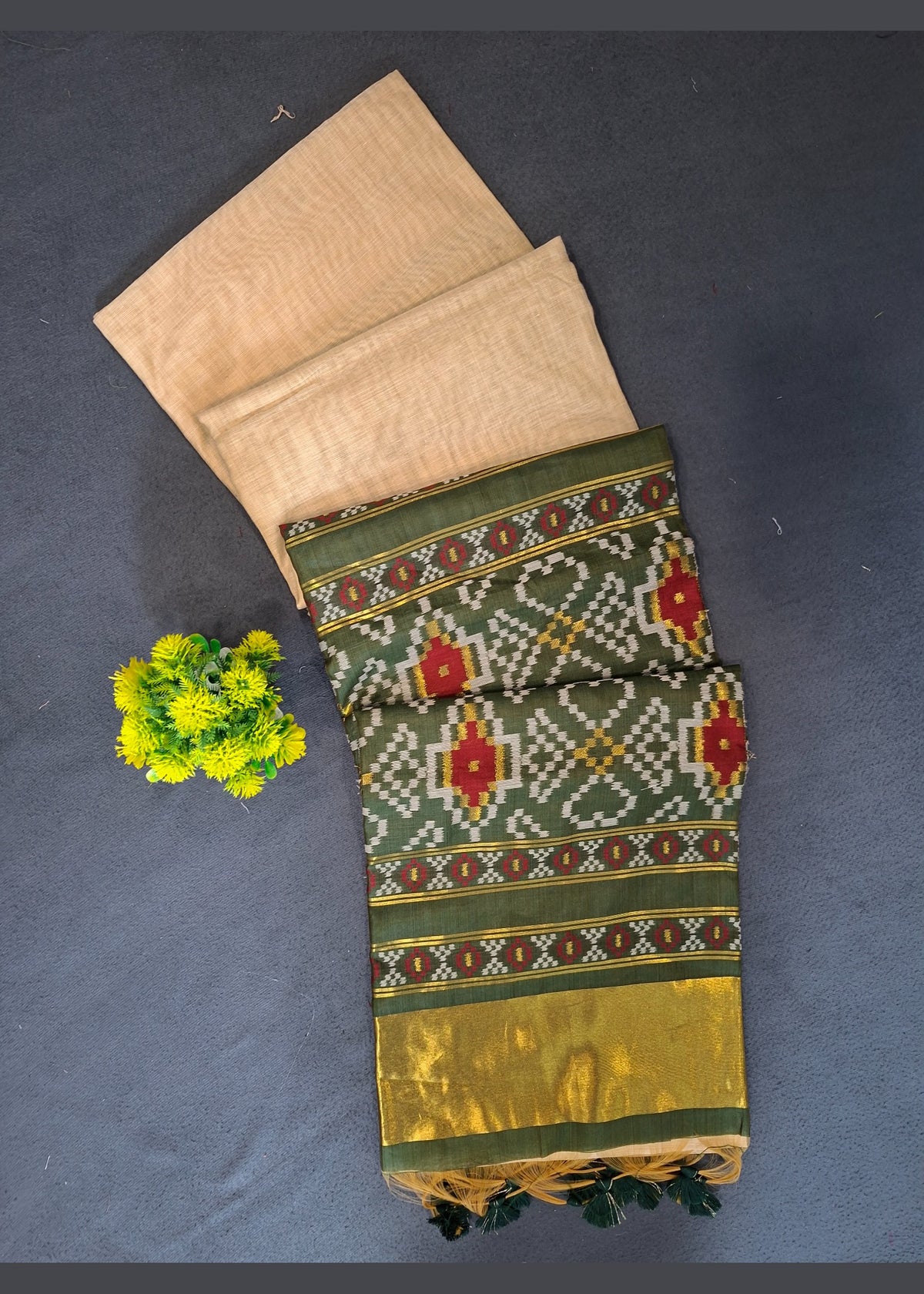 Ikkat Inspired Patola Soft Cotton Saree - Green