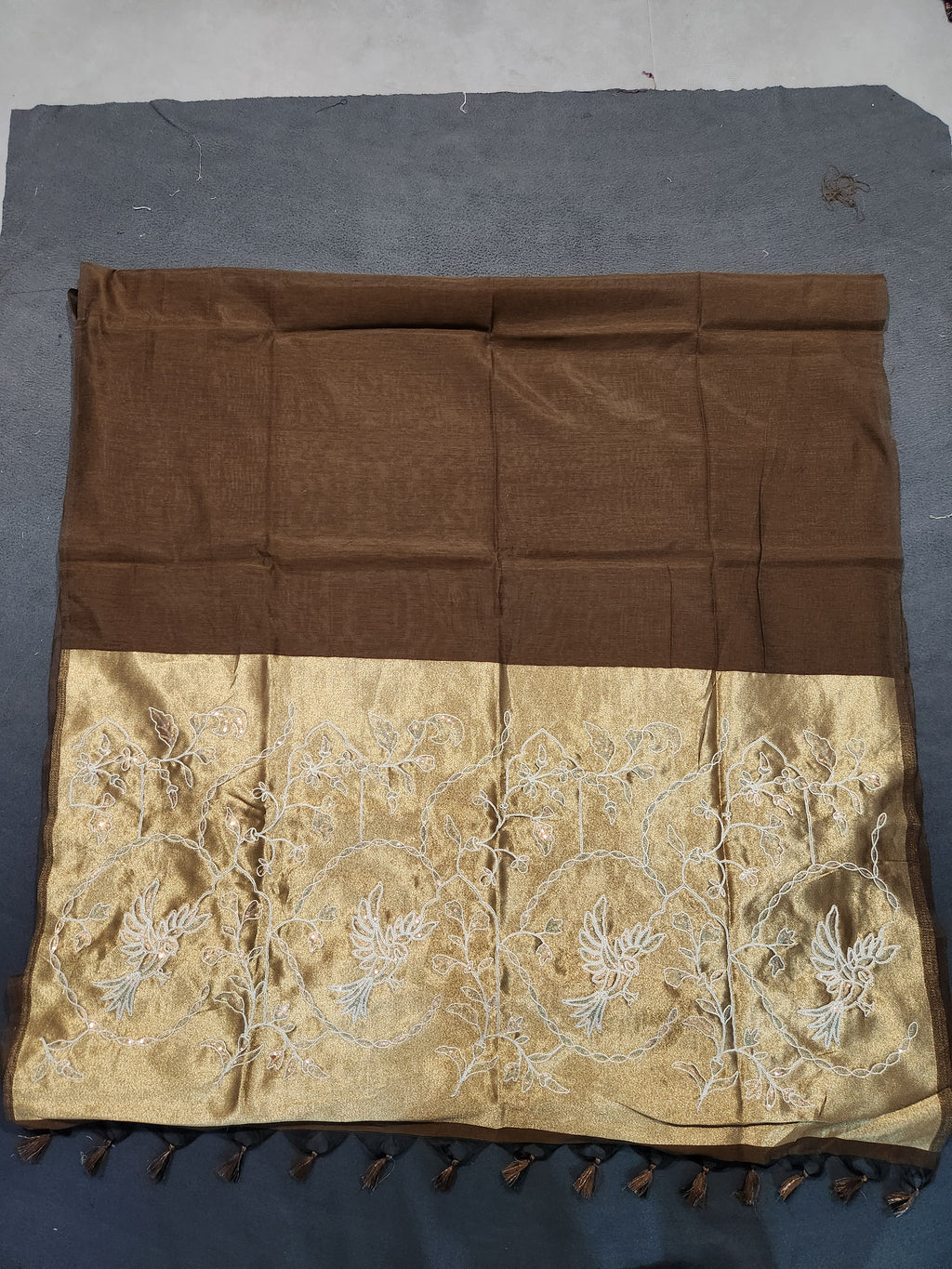 Soft Cotton Saree Embroidery with Zari Pallu-Coffee