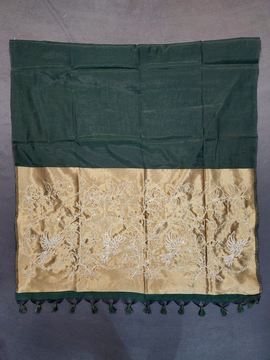 Soft Cotton Saree Embroidery with Zari Pallu-Green