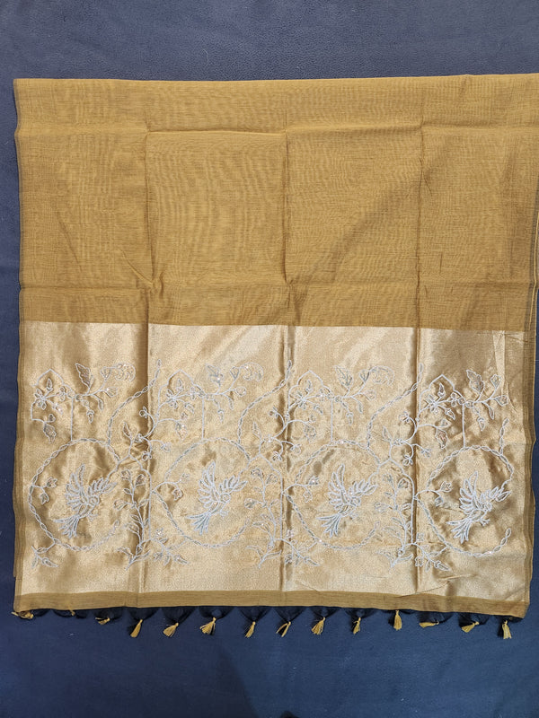 Soft Cotton Saree Embroidery with Zari Pallu-Yellow