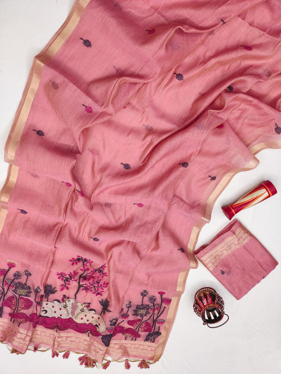 Premium Soft Muga Cotton Pitchwai Saree - Pink
