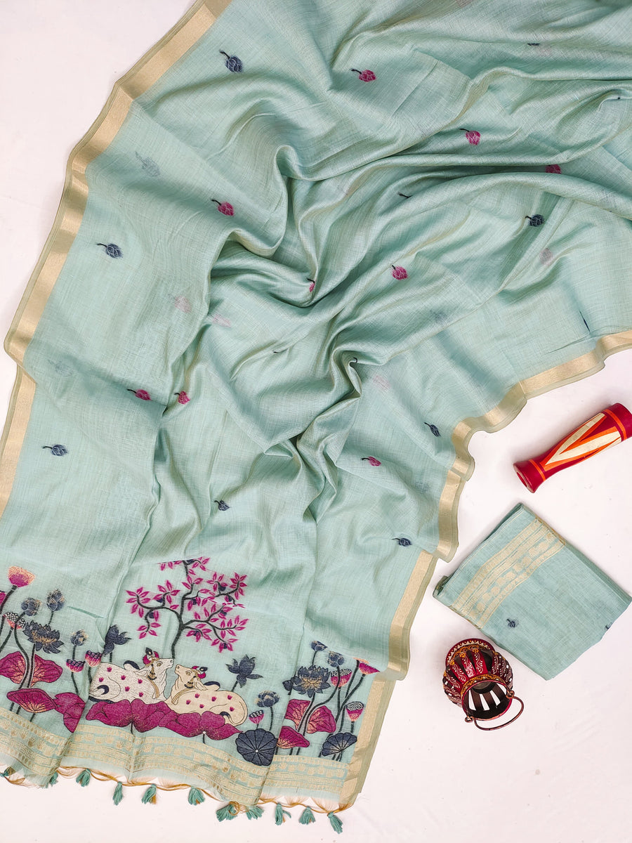 Premium Soft Muga Cotton Pitchwai Saree - Firozi