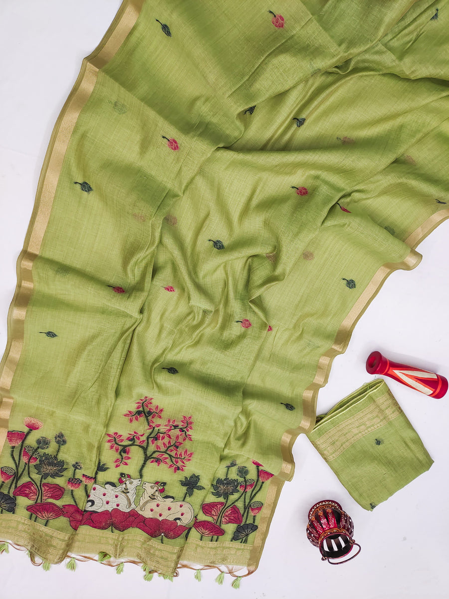 Premium Soft Muga Cotton Pitchwai Saree - Pista