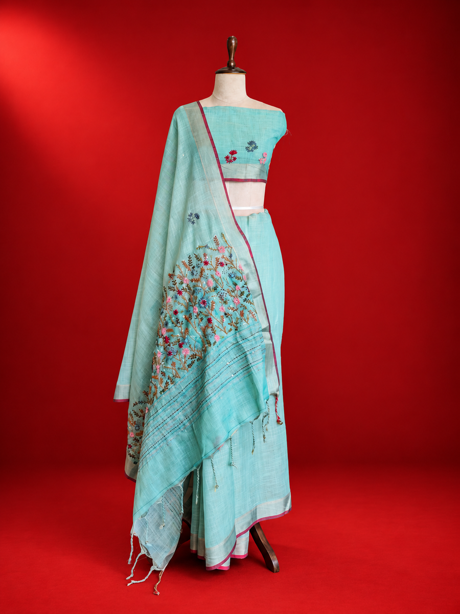 Linen With Frenchknot Saree - Firozi