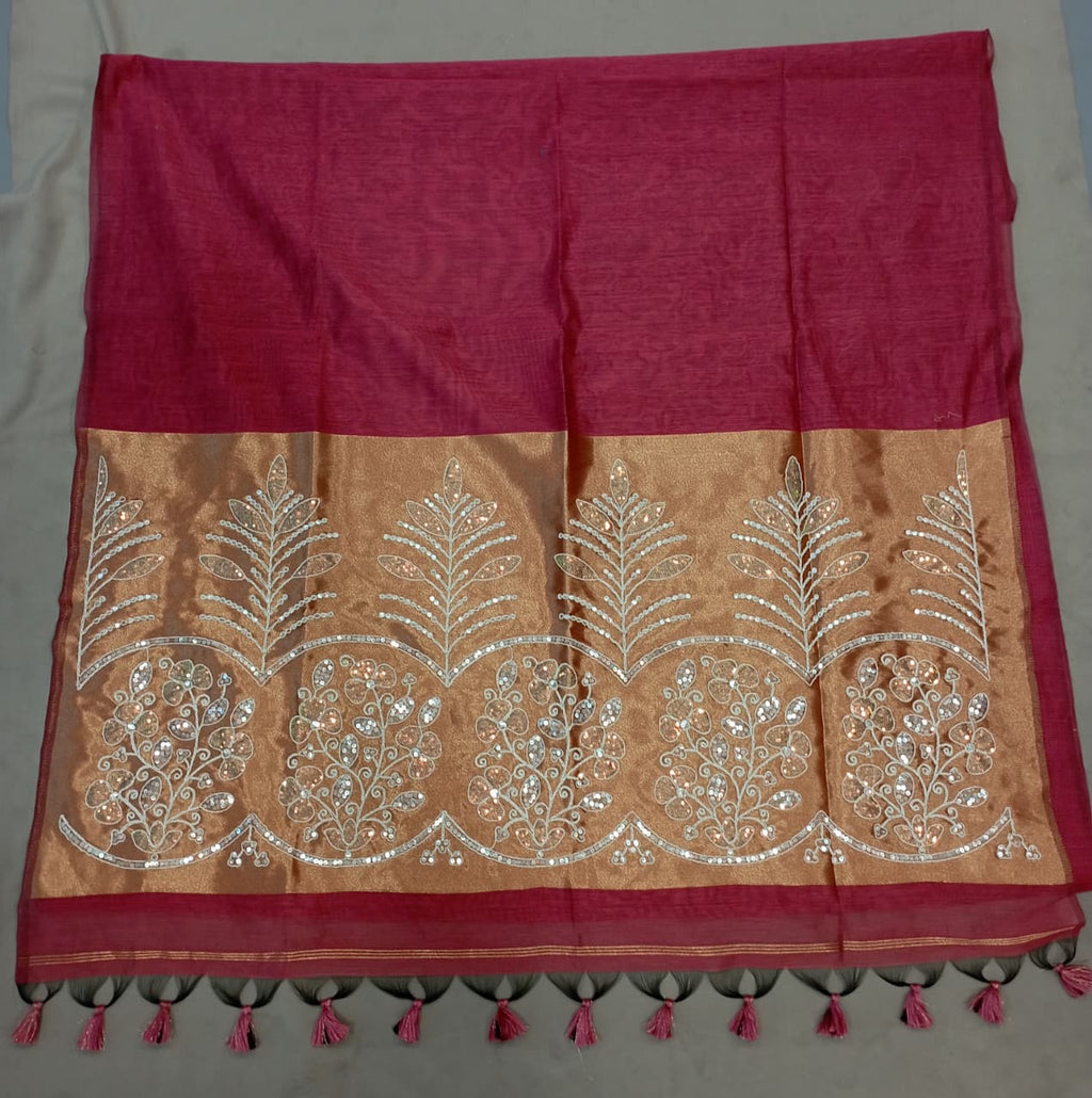 Premium Pure Cotton Saree With Zari Pallu With Heavy Seq -BABY PINK