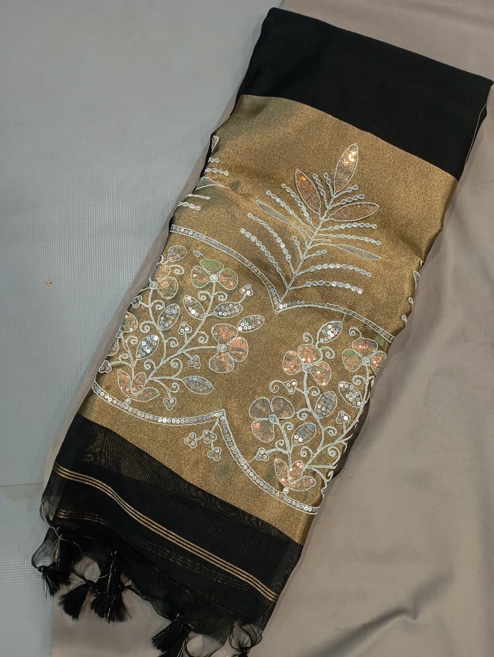 Premium Pure Cotton Saree With Zari Pallu With Heavy Seq -BLACK